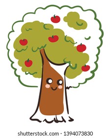 Un lindo y feliz árbol de manzanas con muchas manzanas en su dibujo o ilustración de color vectorial