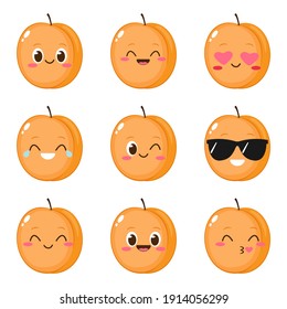 Cute Happy Apricot Character. Funny Emoticon In Flat Style. Fruit Emoji Set Vector Illustration