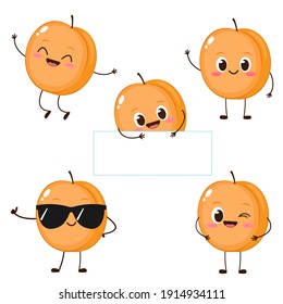 Cute happy apricot character set. Funny cartoon food in flat style. Fruit emoji vector illustration