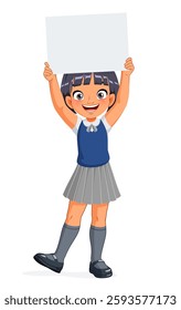Cute happy Asian girl in school uniform holding a blank banner above her head. Cartoon vector illustration isolated on white background.