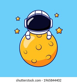 Cute happy astronaut hugging moon