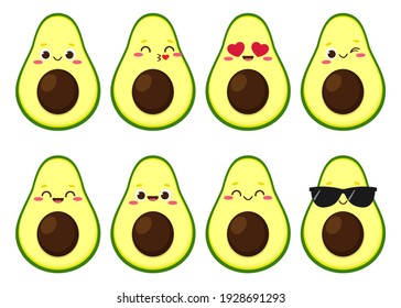 Cute happy avocado character set. Funny cartoon food in flat style. Fruit emoji vector illustration