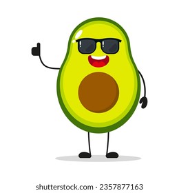 Cute happy avocado character wear sunglasses. Funny fruit greet friend cartoon emoticon in flat style. avocado emoji vector illustration