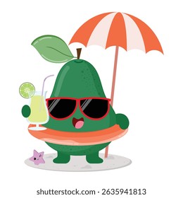 Bonito E Feliz Avocado Fruit Cartoon Personagem Desfrutando Da Praia Enquanto Bebe Suco Fresco