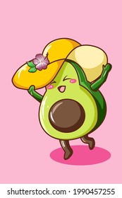 Cute and happy avocado with hat in summer cartoon illustration