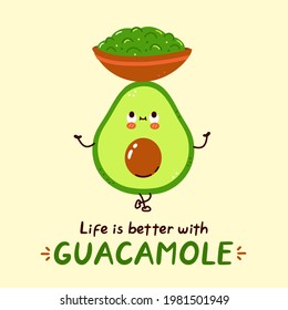 Un aguacate feliz lindo sostiene el personaje de la salsa guacamole. Dibujo a mano vectorial en la ilustración del personaje kawaii. Aislado sobre fondo blanco. Acocado y concepto de personaje de caricatura de salsa guacamole