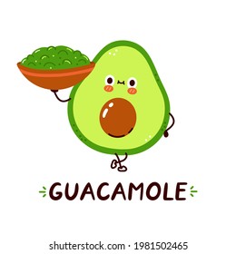 Cute happy avocado hold guacamole sauce bowl character. Vector hand drawn cartoon kawaii character illustration. Isolated on white background. Acocado and guacamole sauce cartoon character concept