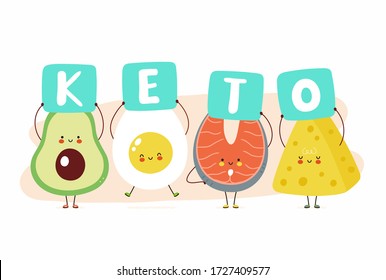 Cute happy avocado,egg,red fish and cheese hold keto text sign. Isolated on white background. Vector cartoon character illustration. Keto word text,poster,funny card,t shirt print design concept