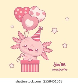 Cute happy Axolotl in birthday cap in gift box with balloons hearts. Little festive cartoon pink kawaii character. Vector illustration. Holiday funny postcard. Kids collection