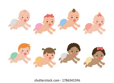 Cute Happy Babies Illustration Set, Baby Crawling