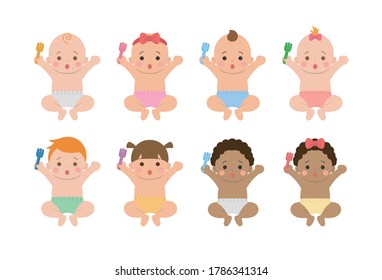 Cute happy babies and their daily set of cute cartoon babies and baby illustrations, babies eat with a fork
