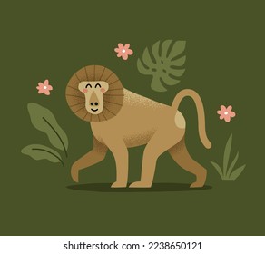 Cute happy baboon character vector illustration. Monkey in a jungle poster, print.