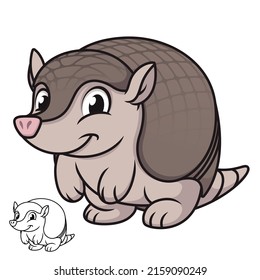 Cute Happy Baby Armadillo Standing with Black and White Line Art Drawing, Mammals, Vector Character Illustration, Outline Cartoon Mascot Logo in Isolated White Background.