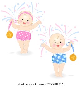 Cute happy baby boy and baby girl on white background with fireworks