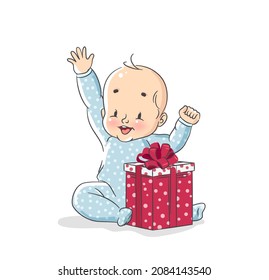 Cute Happy Baby Boy Sitting On Floor Big Gift Box. Vector Cartoon Illustration