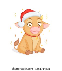 Cute happy baby bull in Santa Claus hat sitting. Vector cartoon character isolated on white background.