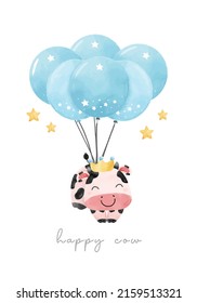 cute happy baby cow floating on sky by blue group of balloons, baby shower birthday cow farm animal watercolor hand drawn vector illustration