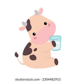 Cute happy baby cow with glass of milk. Adorable farm animal character cartoon vector illustration