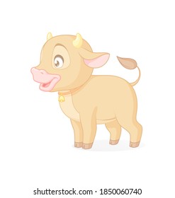 Cute happy baby cow sitting. Vector cartoon character isolated on white background.