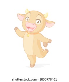 Cute happy baby cow standing on one leg and pointing. Vector cartoon character isolated on white background.
