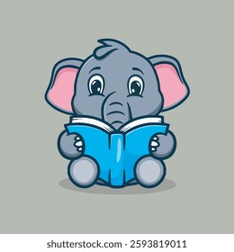 Cute and happy baby elephant reading vector children's illustration Q edition vector cartoon illustration