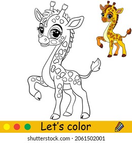 Cute and happy baby giraffe. Coloring book page with colorful template for kids. Vector cartoon isolated illustration. For print, game, education, party, design,decor