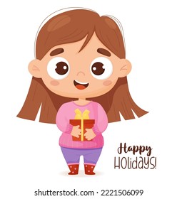 Cute happy baby girl with gift and inscription Happy holidays. Vector illustration in cartoon style for card design, decor, print and kids collection