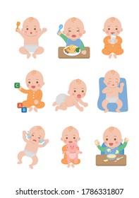 Cute glückliches Baby und sein tägliches Set von süßen Cartoon-Babys und Babyillustrationen, Babywindeln, Crawling-Babys, Babynudelessen