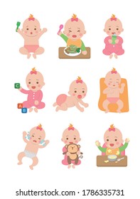 Cute happy baby and his daily set of cute cartoon babies and baby illustrations, baby diapers, crawling babies, eating baby noodles