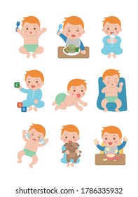 Cute happy baby and his daily set of cute cartoon babies and baby illustrations, baby diapers, crawling babies, eating baby noodles