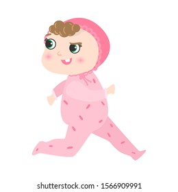 Cute happy baby with kinky hair in pink pajama running and laughing. Vector illustration in flat cartoon style.