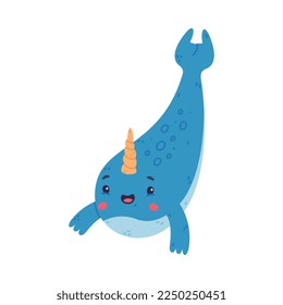 Cute happy baby narwhal. Swimming sea mammal animal cartoon character vector illustration