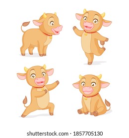 Cute happy baby ox in various poses. Set of cartoon vector illustrations isolated on white background.