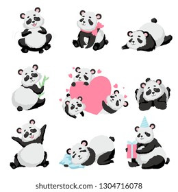 Cute Happy Baby Panda Bear Set, Lovely Animal Character Panda in Different Poses Vector Illustration