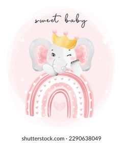 cute happy baby pink elephant girl birthday sit on a rainbow,  adorable nursery birthday wildlife animal watercolur cartoon illustration