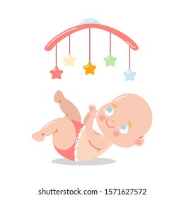 Cute happy baby in red underpants lying in bed and having fun with toy carousel. Vector illustration in flat cartoon style.