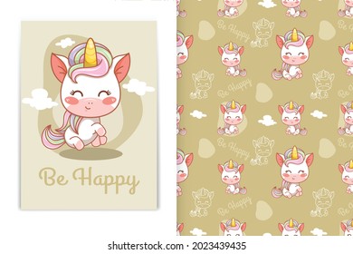 cute happy baby unicorn cartoon illustration and seamless pattern set