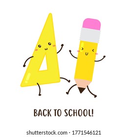 cute happy back to school triangular ruler and pencils vector design, can be use to make poster