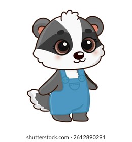 Cute happy badger. Cartoon character for greeting card, invitation, stickers. Vector illustration. Isolated on white background