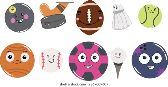 Cute and happy balls for different sports vector isolated design
