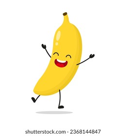 Cute happy banana character. Funny victory jump celebration fruit cartoon emoticon in flat style. food vector illustration