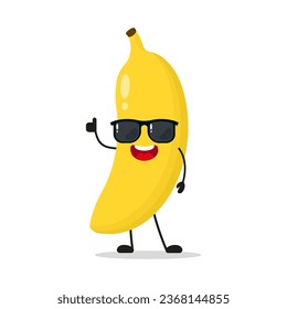 Cute happy banana character wear sunglasses. Funny fruit greet friend cartoon emoticon in flat style. food vector illustration