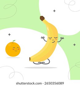 Cute happy banana fruit meditate in yoga pose.Vector cartoon character illustration icon.Isolated on white background.Banana person yoga meditate,body,gym,sport,health,fitness nutrition logo concept