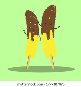 Cute happy banana stick dip on chocolate vector design, can be use to make poster