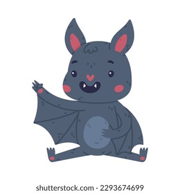 Cute happy bat sitting and waving its paw. Halloween symbol. Funny mascot character cartoon vector illustration