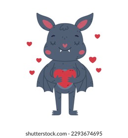 Cute happy bat standing with red heart. Halloween symbol. Funny mascot character cartoon vector illustration