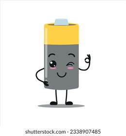 Cute happy battery character. Funny smiling and blink array cartoon emoticon in flat style. power unit emoji vector illustration