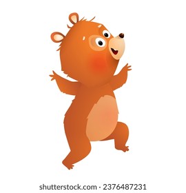 Cute and happy bear cub illustration for kids. Dancing and jumping funny baby bear, animal cartoon for children party. Isolated hand drawn vector animal character design clip art.