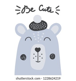 Cute happy bear drawn by hand in cartoon style. Vector illustration isolated on white background
