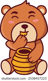 Cute Happy Bear Eating Honey Illustration